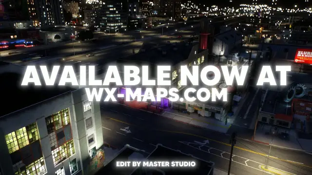 Night aerial view of the LUXXX CLUB exterior with purple entrance lighting in FiveM