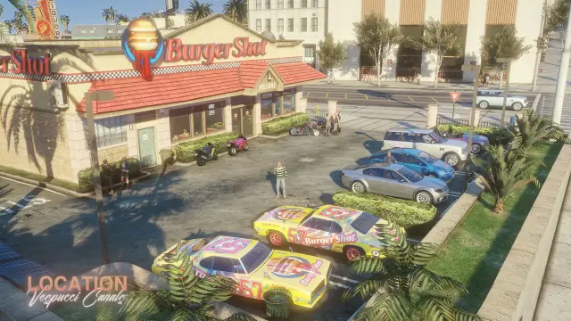 Burgershot FiveM MLO at Vespucci Canals with branded stock cars parked outside
