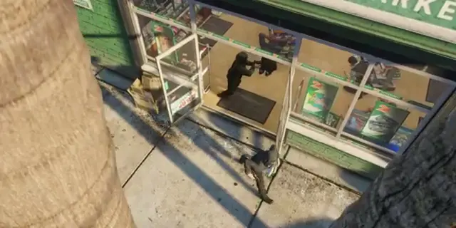 Street view of a Los Santos 24/7 supermarket MLO exterior during a robbery scene in FiveM