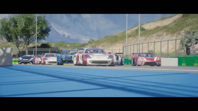 GT race cars lined up on the Grand Senora Raceway circuit in FiveM