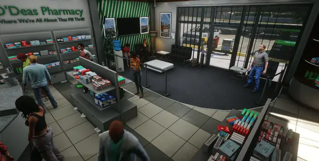 Customers browsing shelves near the waiting area inside the O'Deas Pharmacy FiveM interior