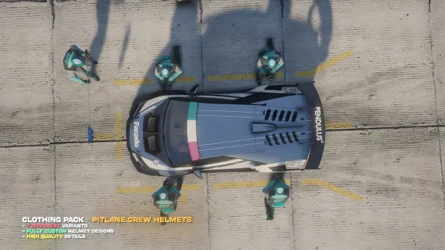 Pit crew in matching helmets and team overalls around a race car, viewed from above