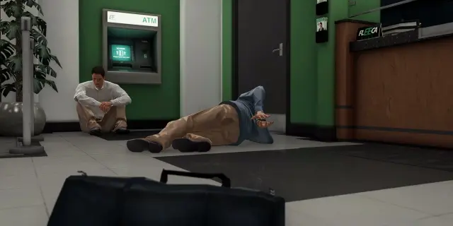 Fleeca Bank MLO lobby in FiveM with ATM, teller counter and hostages on the floor