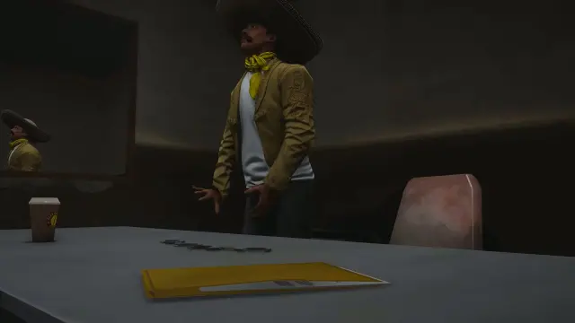 Suspect in the interrogation room with handcuffs and a case file on the table