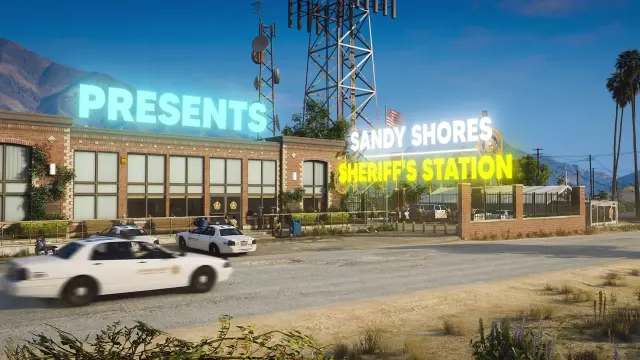 Sheriff cruisers parked outside the Sandy Shores Sheriff Station FiveM MLO with radio tower