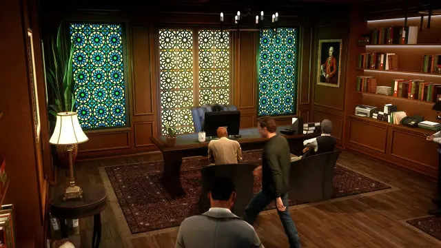Wood-panelled boss office with stained-glass windows in the FiveM nightclub MLO