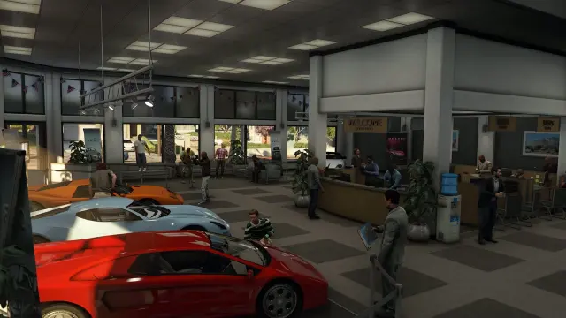 Showroom floor of the Vespucci dealership MLO with display cars and welcome counter