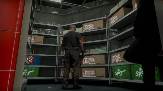 Cold room and stockroom shelving with drink crates in the WXMAPS Burgershot MLO