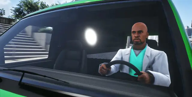 Driver in medical scrubs at the wheel of a green O'Deas Pharmacy delivery van in FiveM