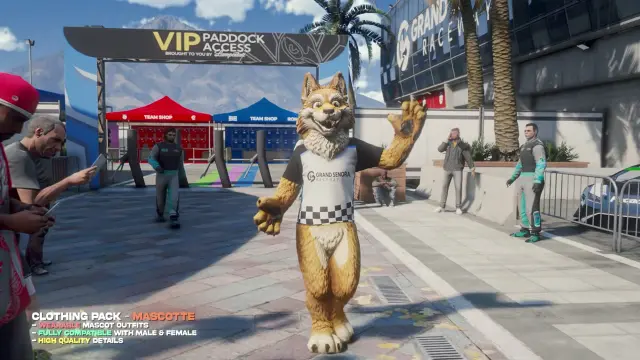 Wearable raceway mascot outfit greeting fans at the VIP paddock entrance