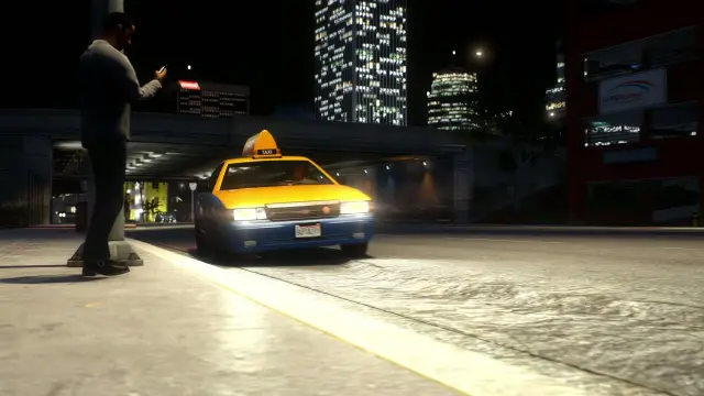 Taxi pulling up in downtown Los Santos in the FiveM LUXXX nightclub MLO trailer