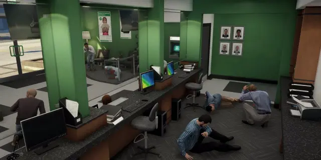 Staff desk area of the FiveM Fleeca Bank MLO with green Fleeca branding and employees taking cover
