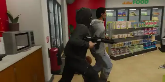 Armed robbery roleplay scene inside the FiveM 24/7 supermarket interior