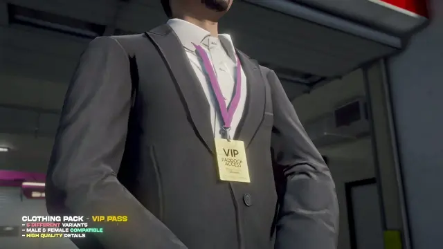 Suited VIP wearing a paddock access pass lanyard from the Raceday Clothing Pack