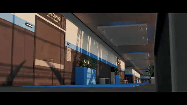 VIP lounge corridor inside the Grand Senora Raceway paddock building