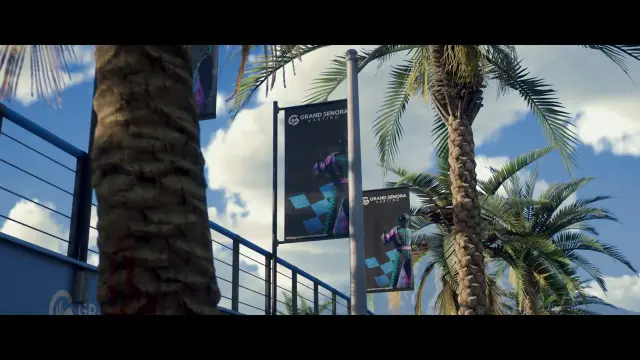 Grand Senora Karting banners along the palm-lined spectator walkway of the FiveM racetrack MLO