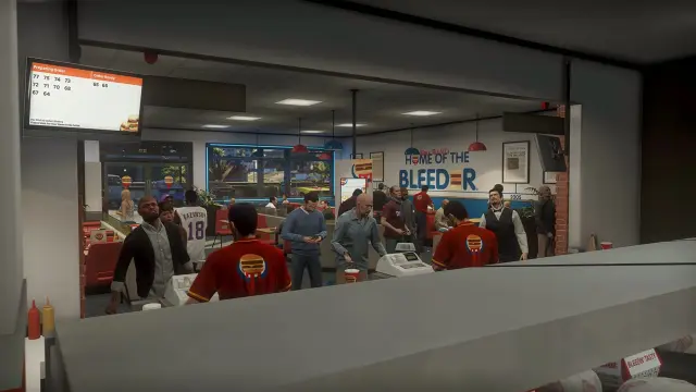 Dining area and service counter with order-status board inside the Burgershot MLO for FiveM