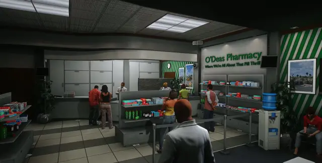 O'Deas Pharmacy sales floor with stocked shelves and service counter in the FiveM pharmacy MLO