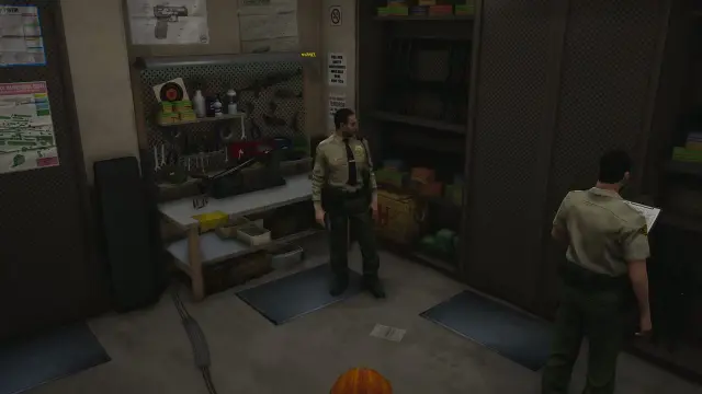 Armory room with gun workbench, reloading press, ammo shelves and rifle racks in the FiveM sheriff MLO
