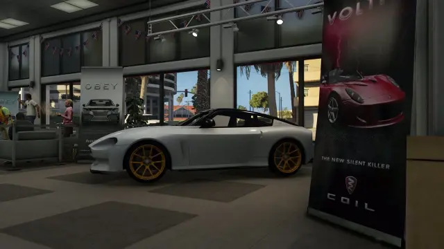 Sports car displayed beside brand banners in the FiveM dealership MLO showroom