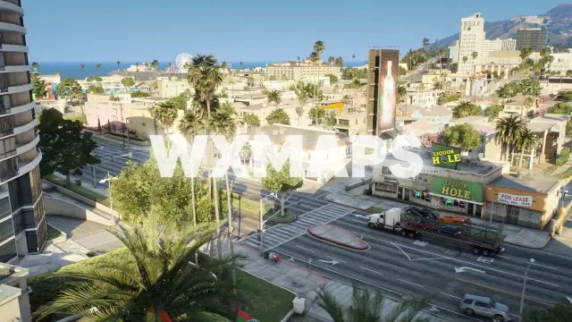 Aerial view of the Vespucci area surrounding the FiveM car dealership MLO