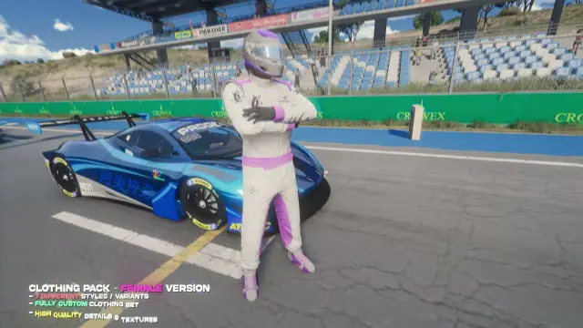 Female freemode ped wearing a white and purple racing suit and helmet from the FiveM racing clothing pack